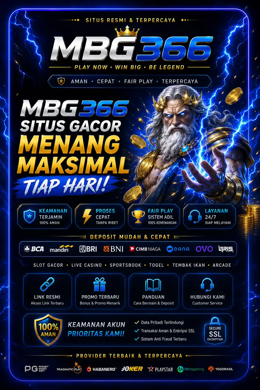 Landing page MBG366 dengan tema biru elektrik dan informasi layanan